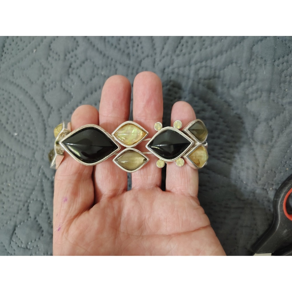 Vintage Art Deco Geometric Stretch Bracelet Silver Tone Black Amber Statement